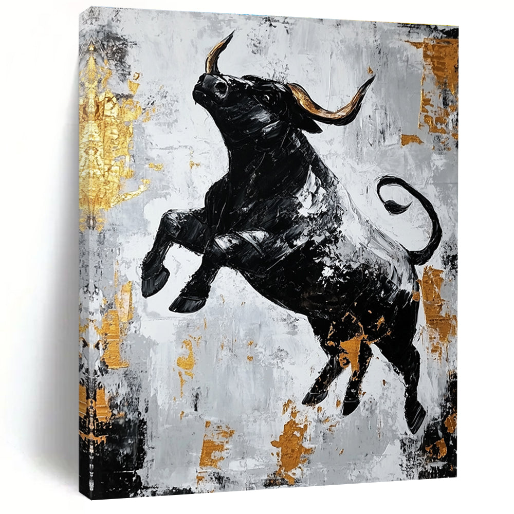Large abstract painting featuring a dynamic black bull in gold and gray with strong contrasts and rough brushstrokes conveying powerful strength.STSC913