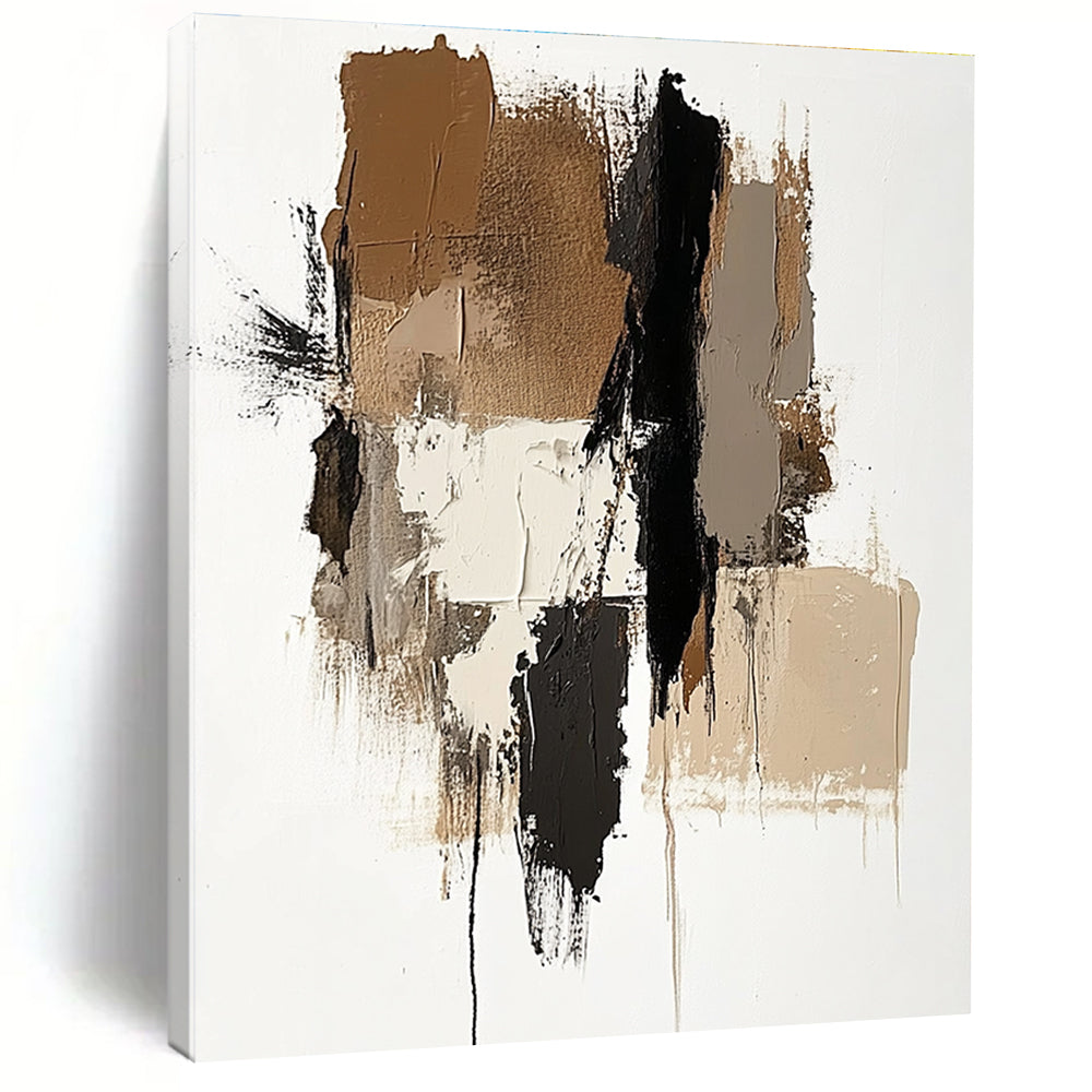 Large abstract painting featuring brown beige and white colors with a prominent gray shape and vertical navy blue detail.STSC677