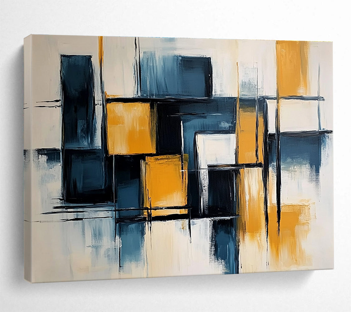 Large abstract painting with light blue and dark yellow color blocks, elegant black lines, geometric shapes, and a touch of orange on a white background.SC591
