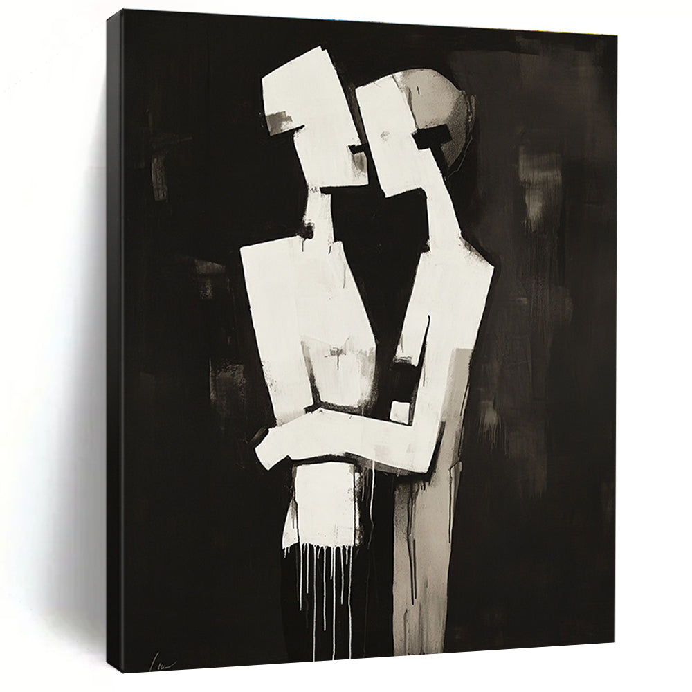 Abstract black and white painting of two figures embracing in a deconstructed minimalist style against a dark background.STSC024