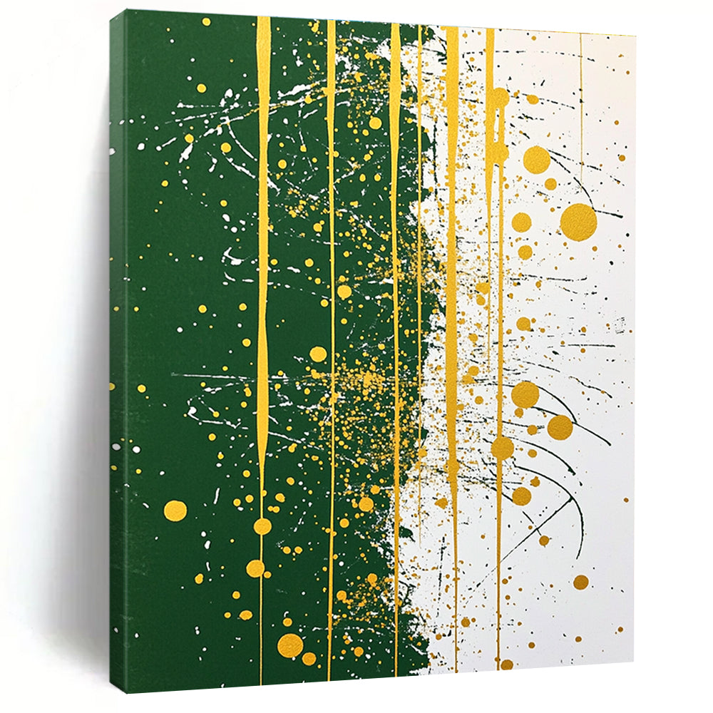 Large abstract painting featuring green and white with golden details and line art offering a balanced and symmetrical composition.STSC1172