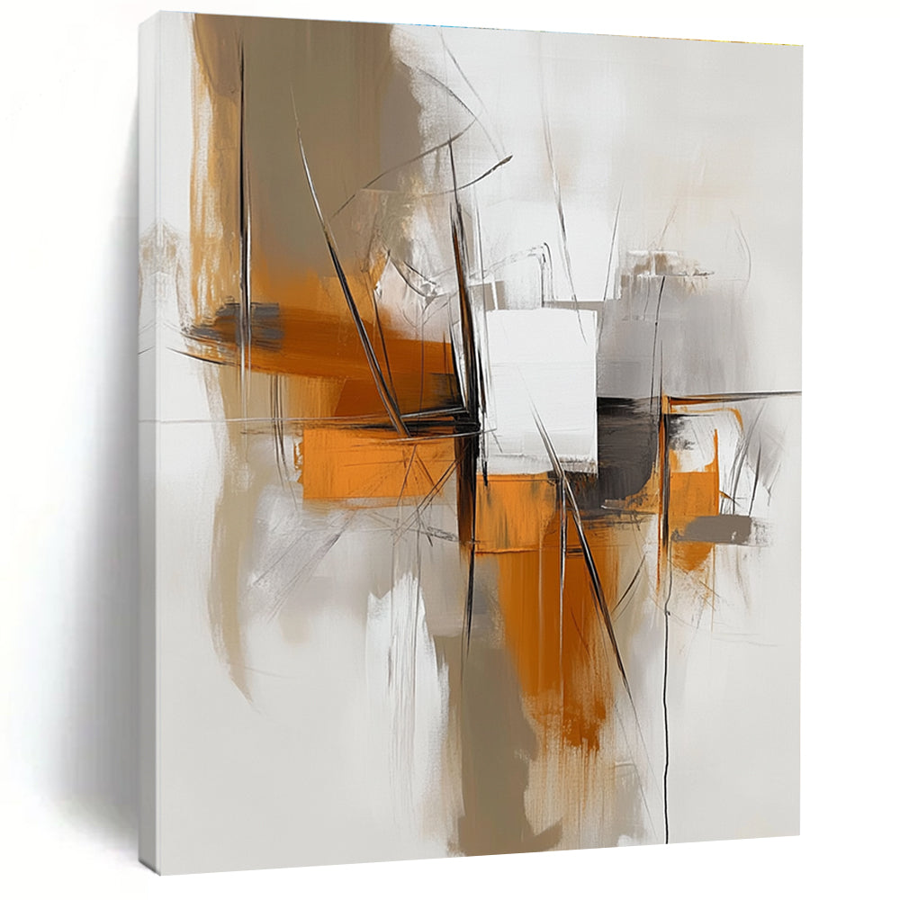 Large abstract painting featuring white and orange tones with minimalist lines in beige and grey creating a calming flow.STSC842
