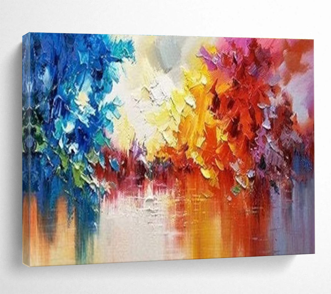 Colorful Tree Reflection Abstract Painting with Blue, Yellow, Red, and Purple Hues THY186