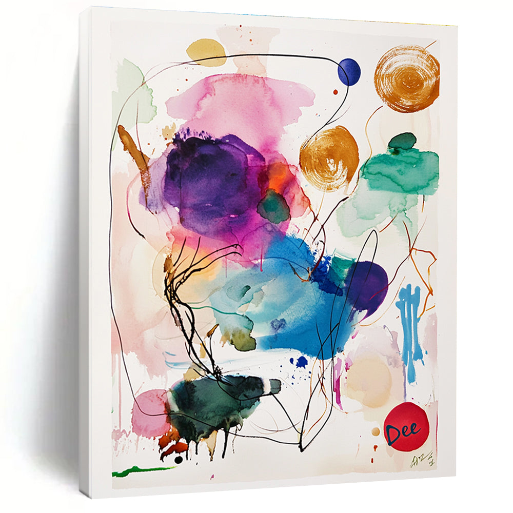 A large abstract watercolor painting featuring a central animal surrounded by colorful ink washes in purple, pink, blue, green, and yellow.STSC1046