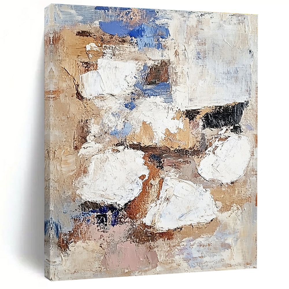 Beige Blue White Abstract Painting with Patchwork Design GER763