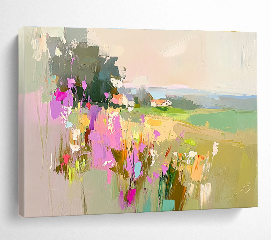 Large abstract painting featuring a floral landscape with fields and a distant cottage in soothing pink purple green and blue tones.SC110