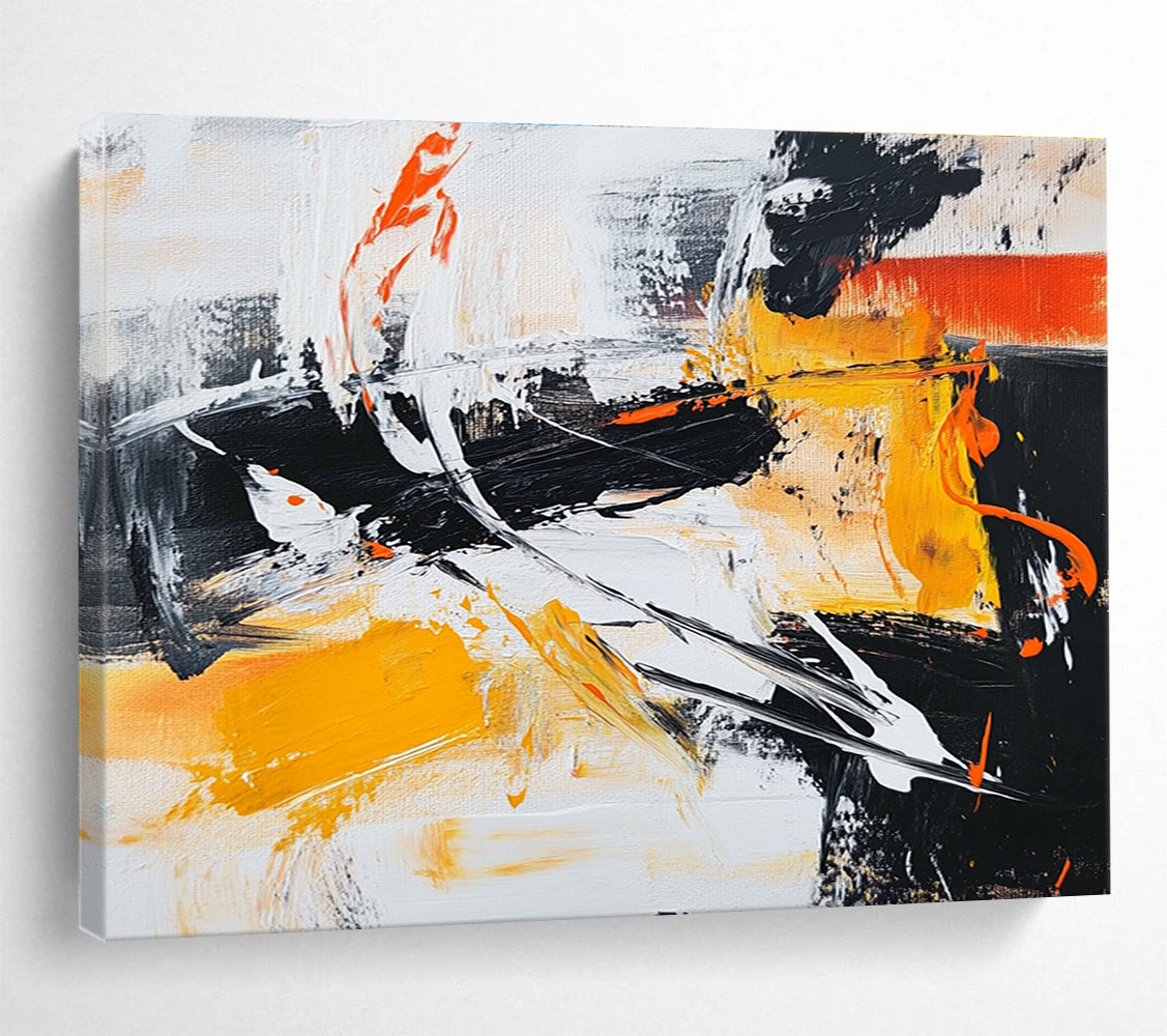 Large abstract painting in black white and orange featuring vibrant yellow brush strokes for a dynamic artistic touch.SC142