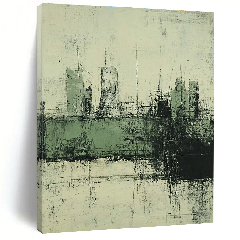 Large abstract painting of the city in muted green and grey tones with a distressed vintage oil paint texture and faded background.STSC339