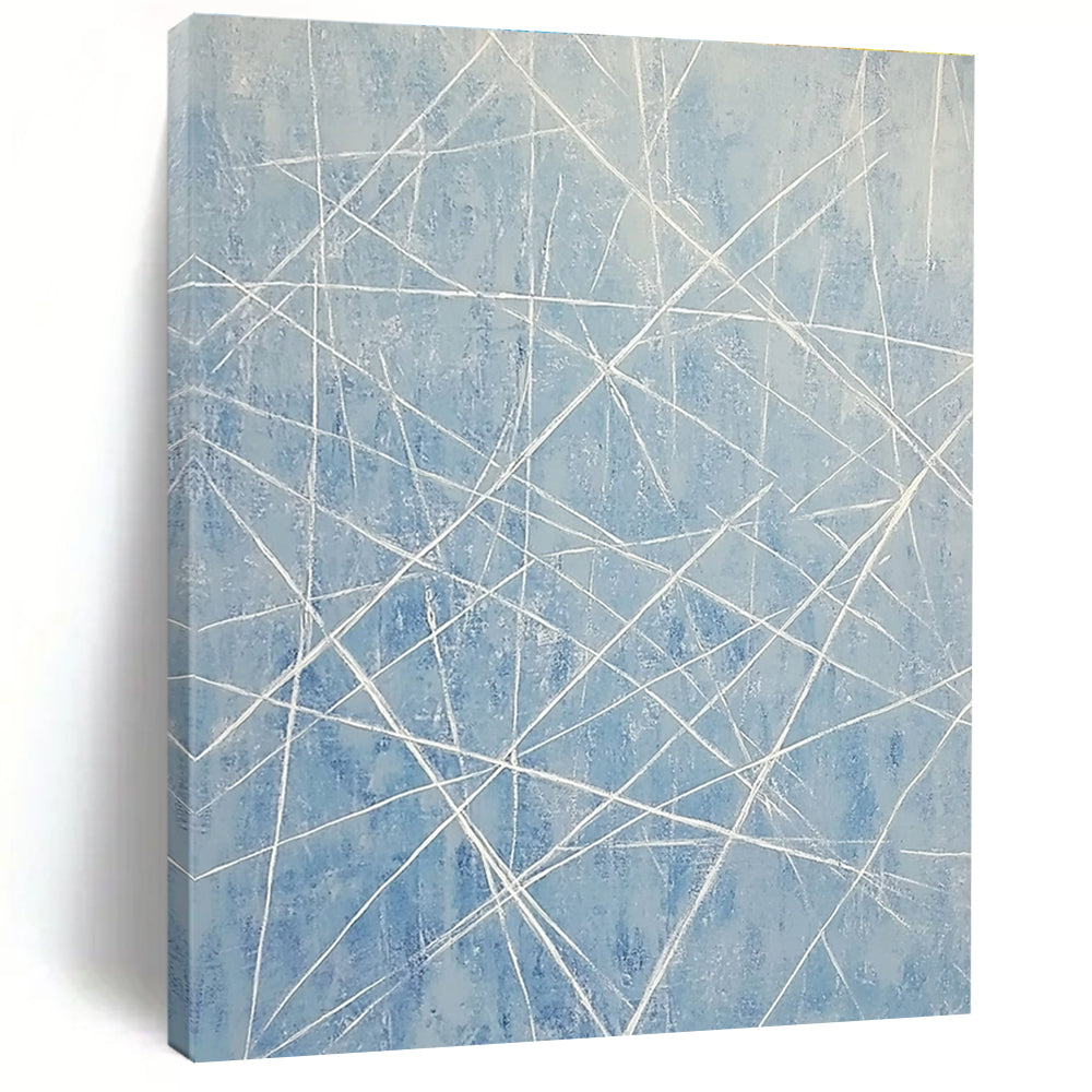 Large abstract painting of light blue and white lines resembling an icy landscape with vertical lines and frozen icicle-like formations.STSC316