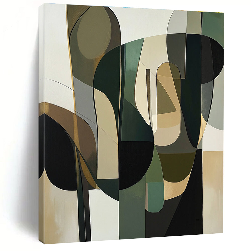 Large abstract painting featuring organic shapes in green beige and white with hints of navy blue and mustard yellow, evoking depth and human-like forms.STSC794
