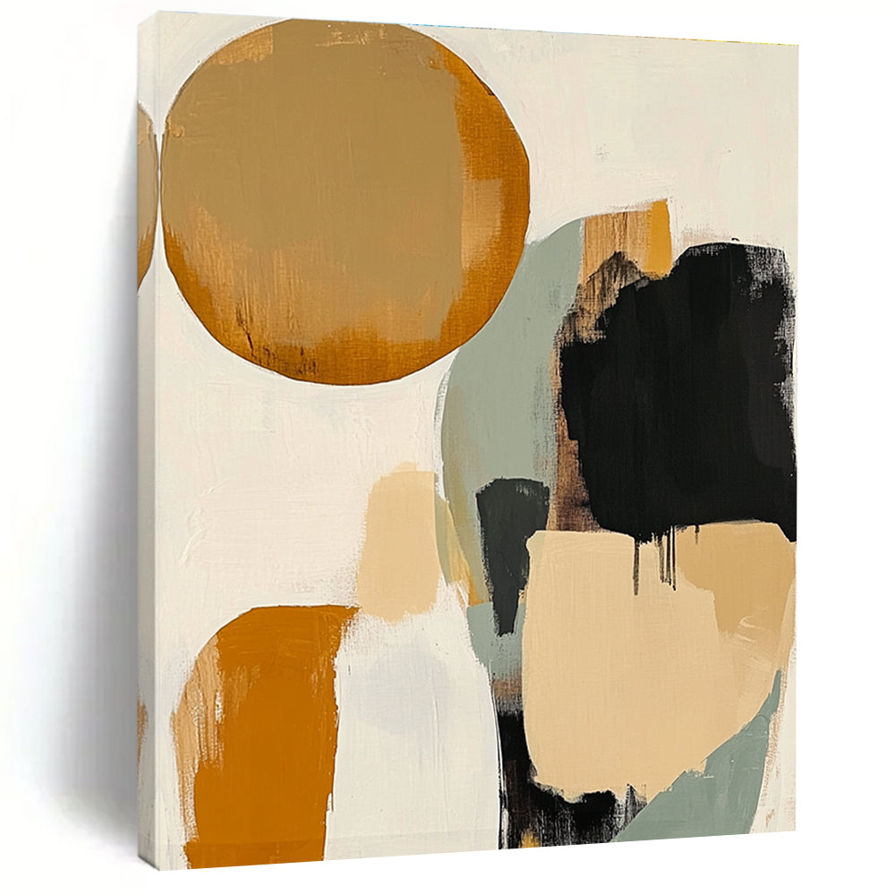 Large abstract artwork featuring earthy tones with circles and ovals surrounded by soft gray lines against a white background for an elegant look.STSC475