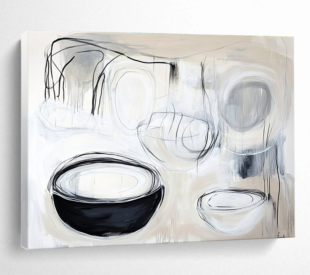 A large abstract painting featuring organic white and black lines, highlighting shapes of cups and plates with expressive black ink strokes.SC389