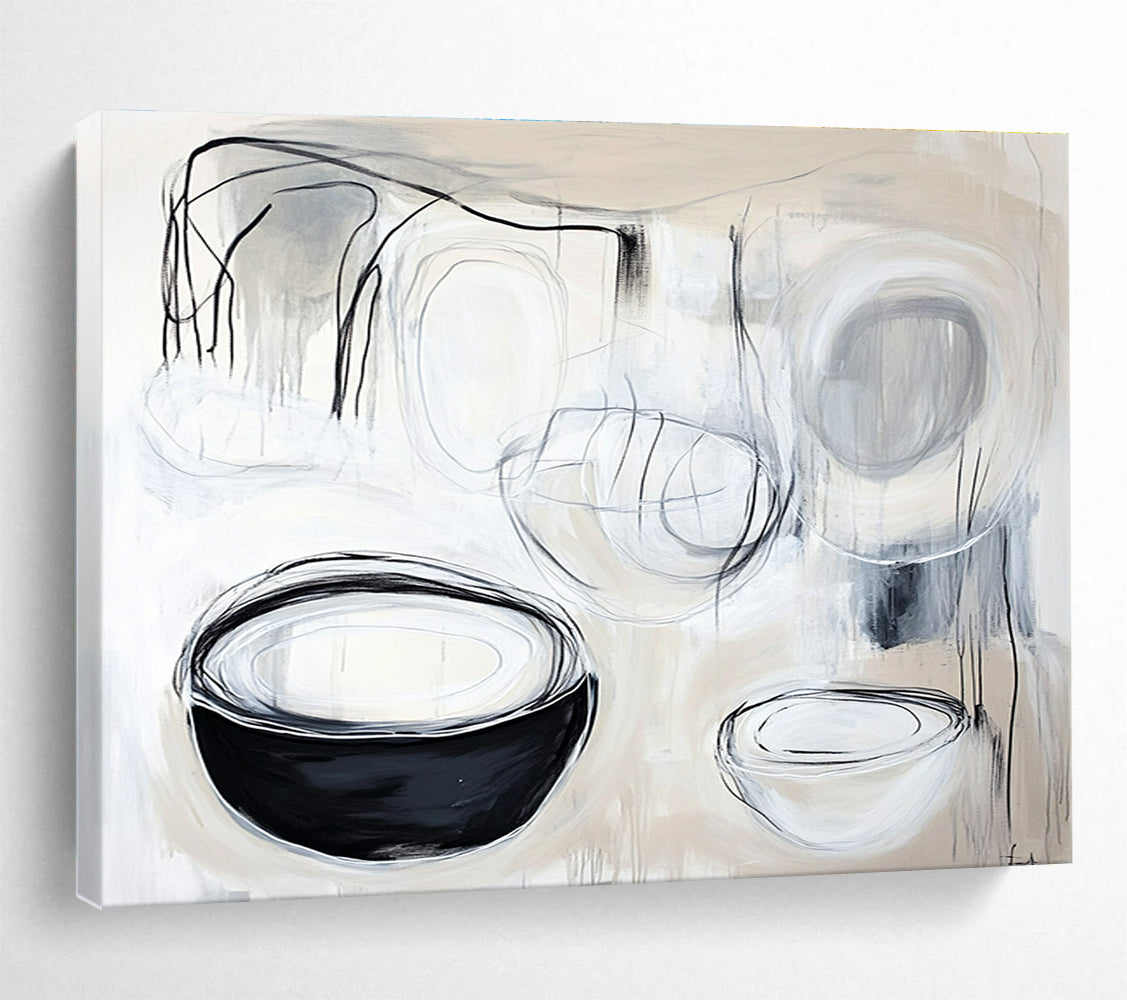 A large abstract painting featuring organic white and black lines, highlighting shapes of cups and plates with expressive black ink strokes.SC389
