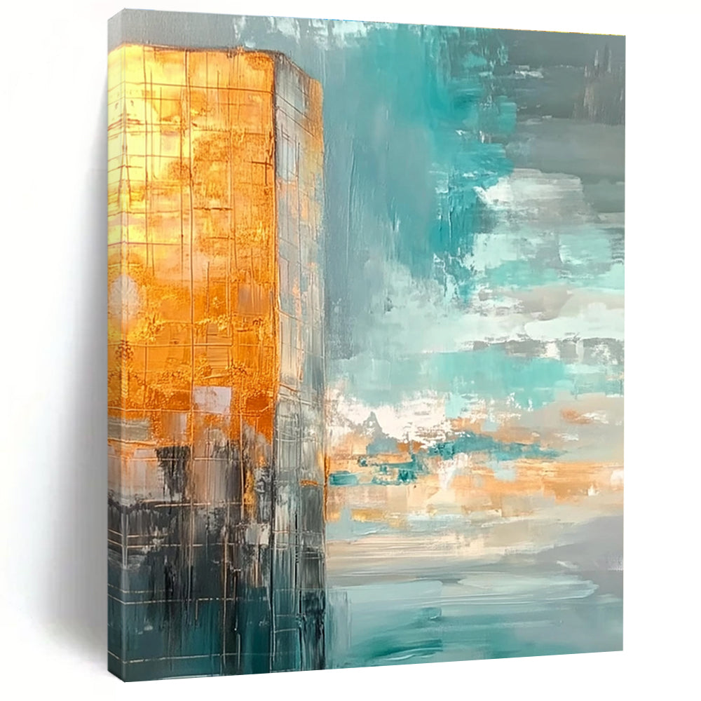 Large abstract painting featuring muted teal and gold tones with a vast sky clouds and calm water creating a serene atmosphere.STSC090