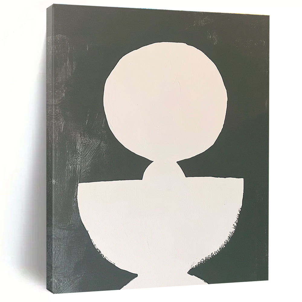 Large abstract painting featuring a white circle and an irregular shape connected by lines on a minimalist background with simple brushstrokes.STSC1250