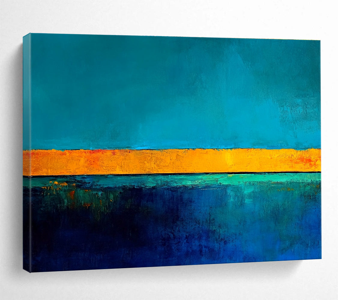 Large abstract painting featuring bold blue and yellow contrasts with a tranquil turquoise base and gold lines inspiring serenity and calmness.SC492