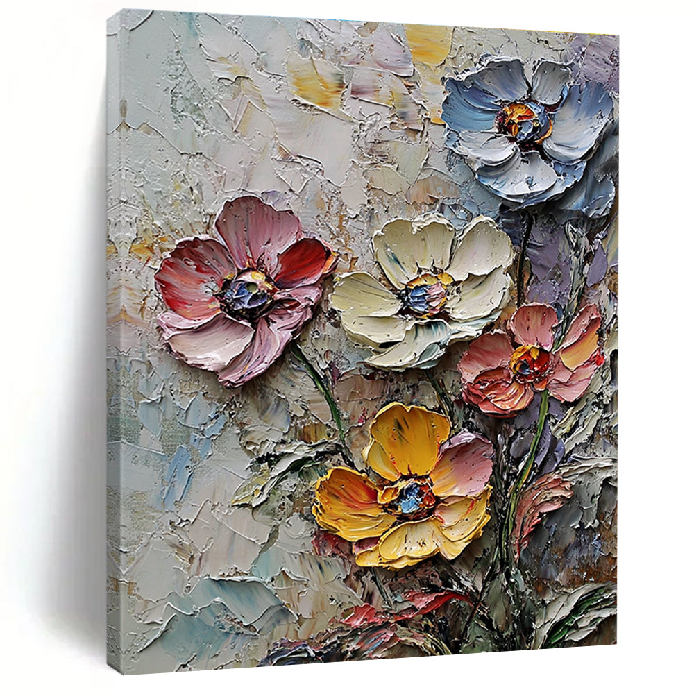 Large abstract painting of wildflowers in thick impasto texture and muted colors with densely clustered blossoms and rich background detail.STSC1302