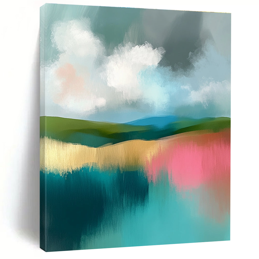 Large abstract painting featuring soft teal and pink hues with gentle clouds and muted greens in a serene landscape.STSC107