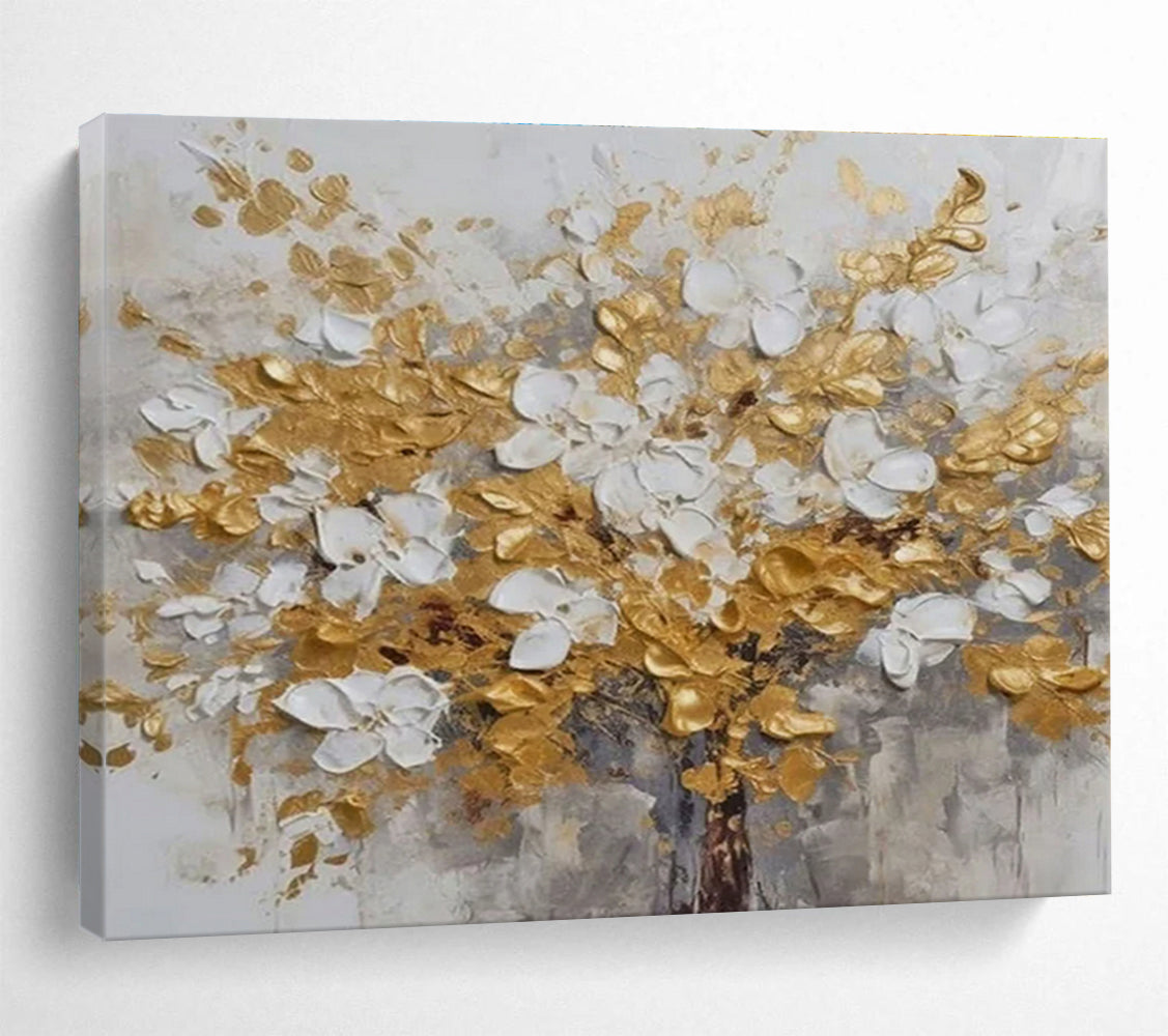 Gold and White Floral Abstract Painting with Textured Blossoms THY246