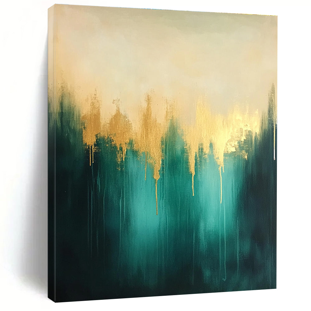 Teal and Gold Abstract Painting with Dripping Textures GER551
