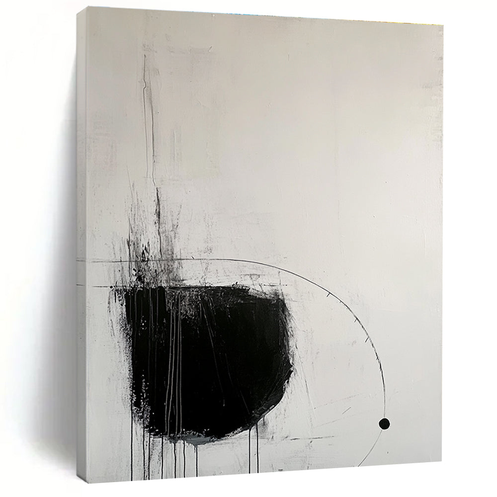 Large abstract painting with black lines and geometric figures creating calmness and simplicity in minimalist style featuring balanced composition and open space.STSC520
