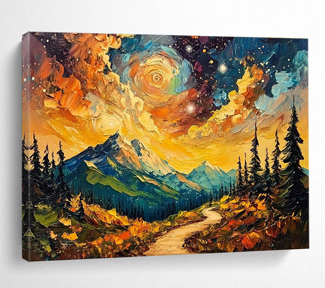 Vibrant Mountain Path Abstract Painting with Starry Sky DYP155