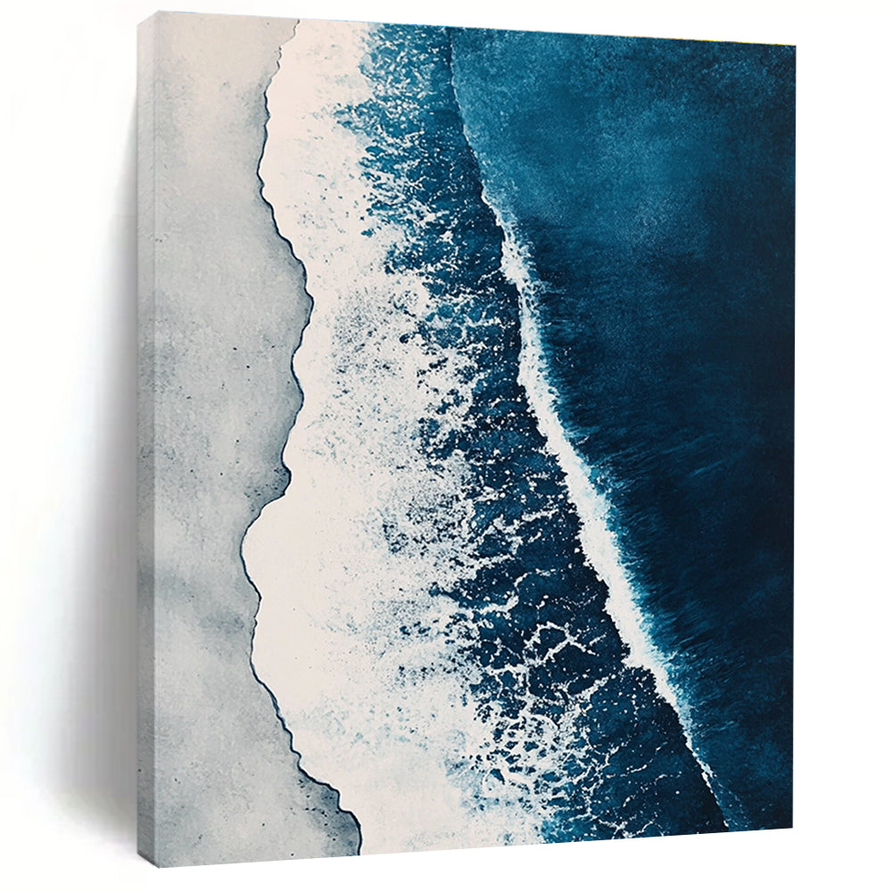 Abstract painting featuring ocean waves in shades of blue and white with elegant brushstrokes and a watercolor aesthetic in high-resolution detail.STSC531