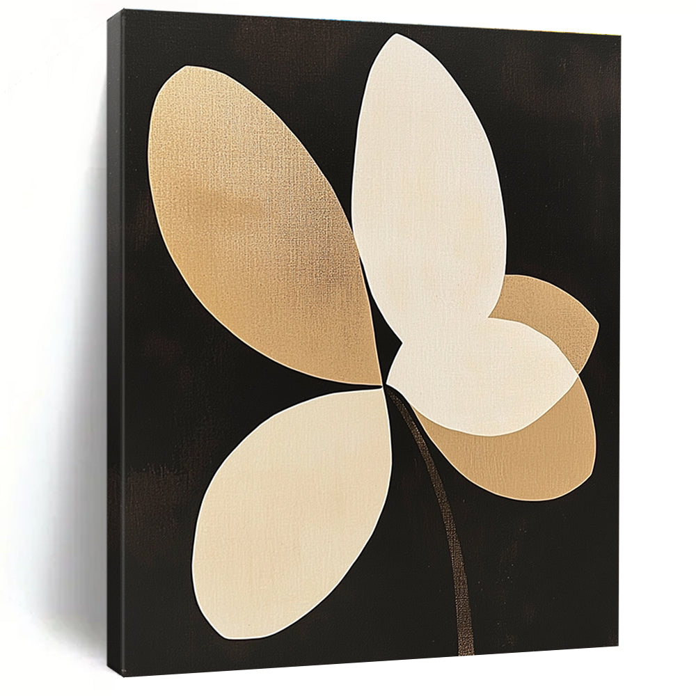 Large Abstract Painting Featuring Beige and White Orchid Petal Shapes on a Black Background with Minimalist Design and Clean Lines.STSC1144