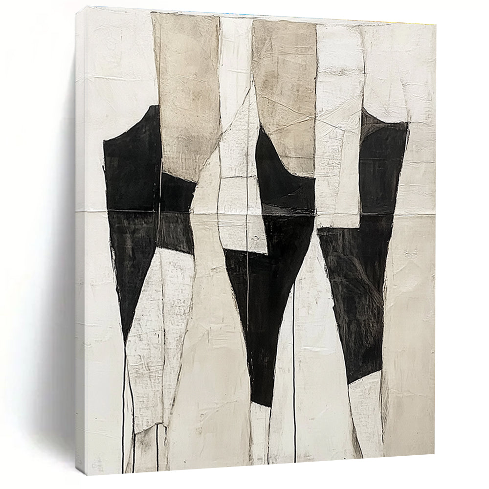 Large abstract painting featuring a light white and black color scheme with ivory cream background and textured body shapes in dark gray and white.STSC403