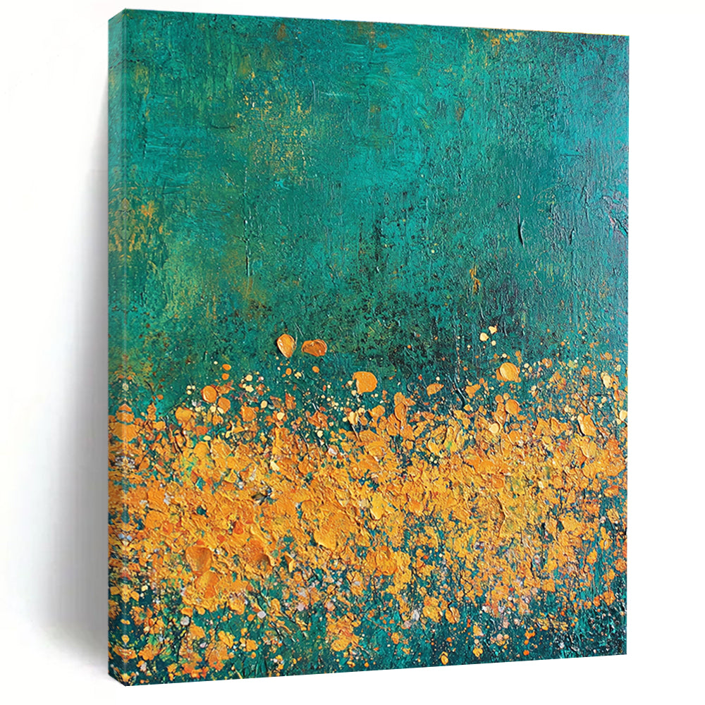 Abstract painting featuring textured strokes in teal gold and orange with a vibrant flower cluster against a dark green backdrop.STSC1110