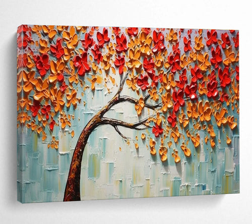 3D Autumn Tree Abstract Painting with Orange, Red, and Blue Tones THY168