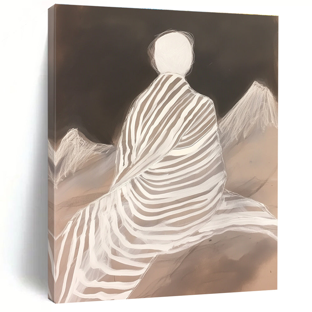 Large abstract painting featuring a zebra-patterned blanket wrapped around a woman atop mountains in layered translucency and fluid lines.STSC1292
