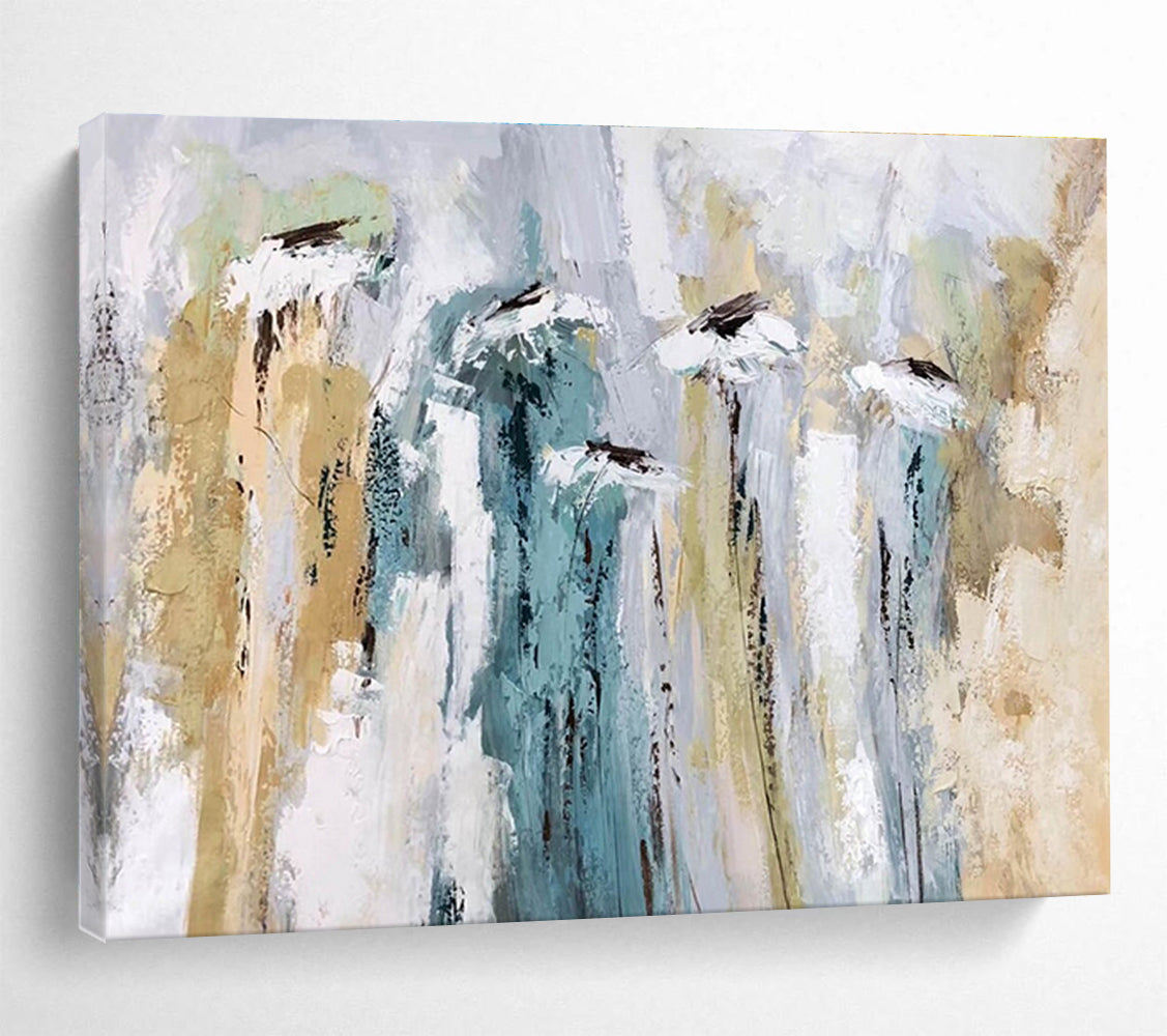Floral Abstract Painting with Soft Green and Beige Tones THY155
