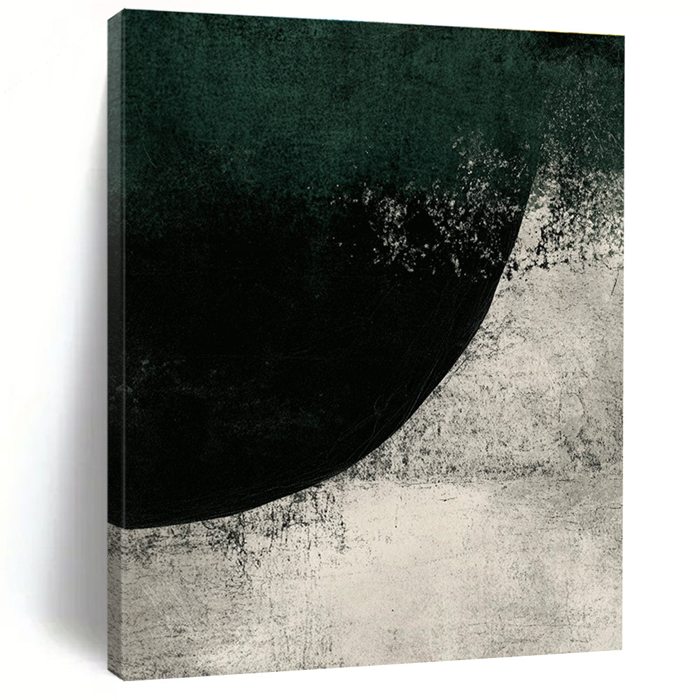 Large abstract painting featuring dark green and gray tones with ink texture and a mysterious rounded shape creating a cold nature-inspired atmosphere.STSC524