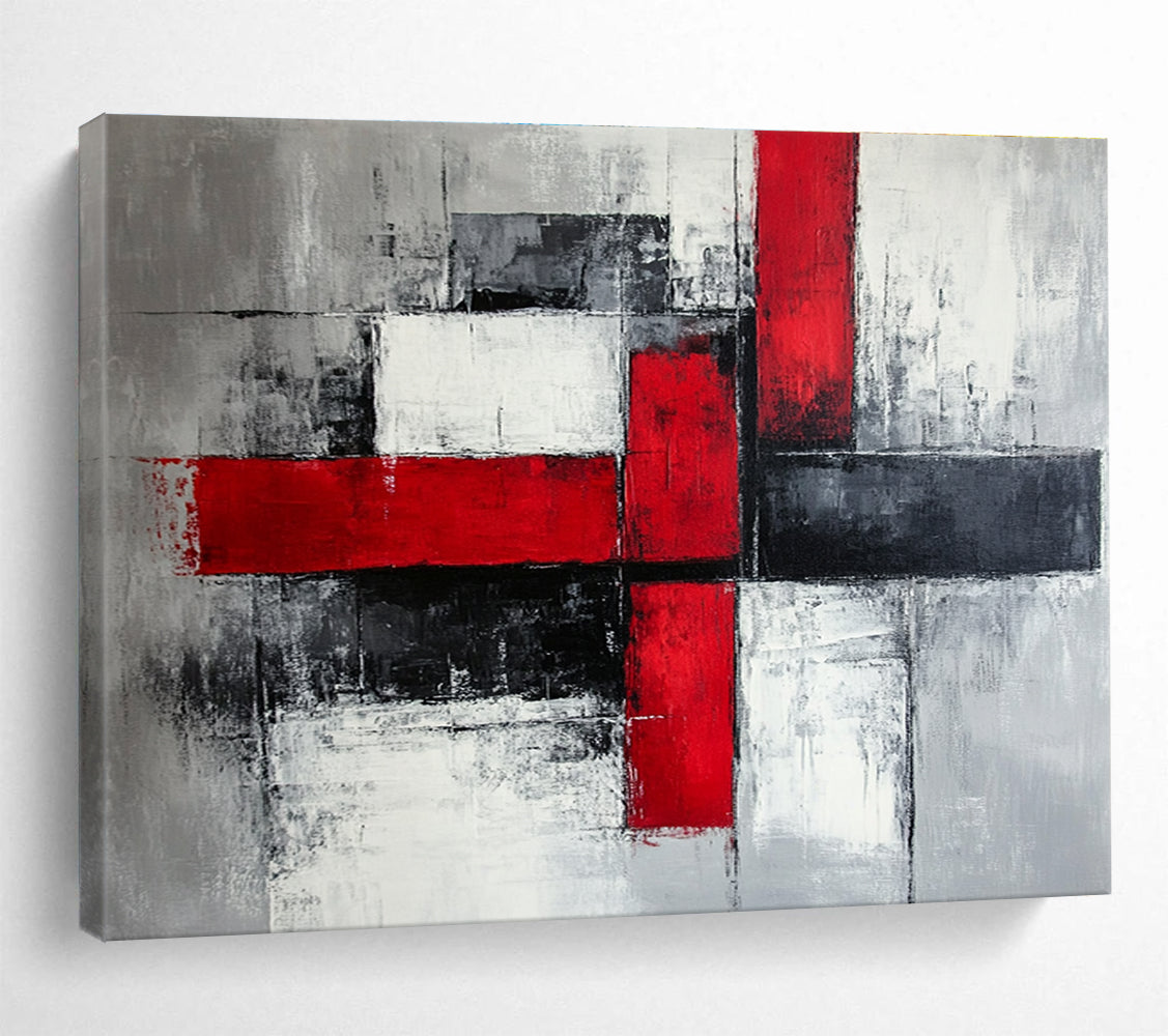 Red Black and Gray Abstract Painting with Cross Forms DYP397