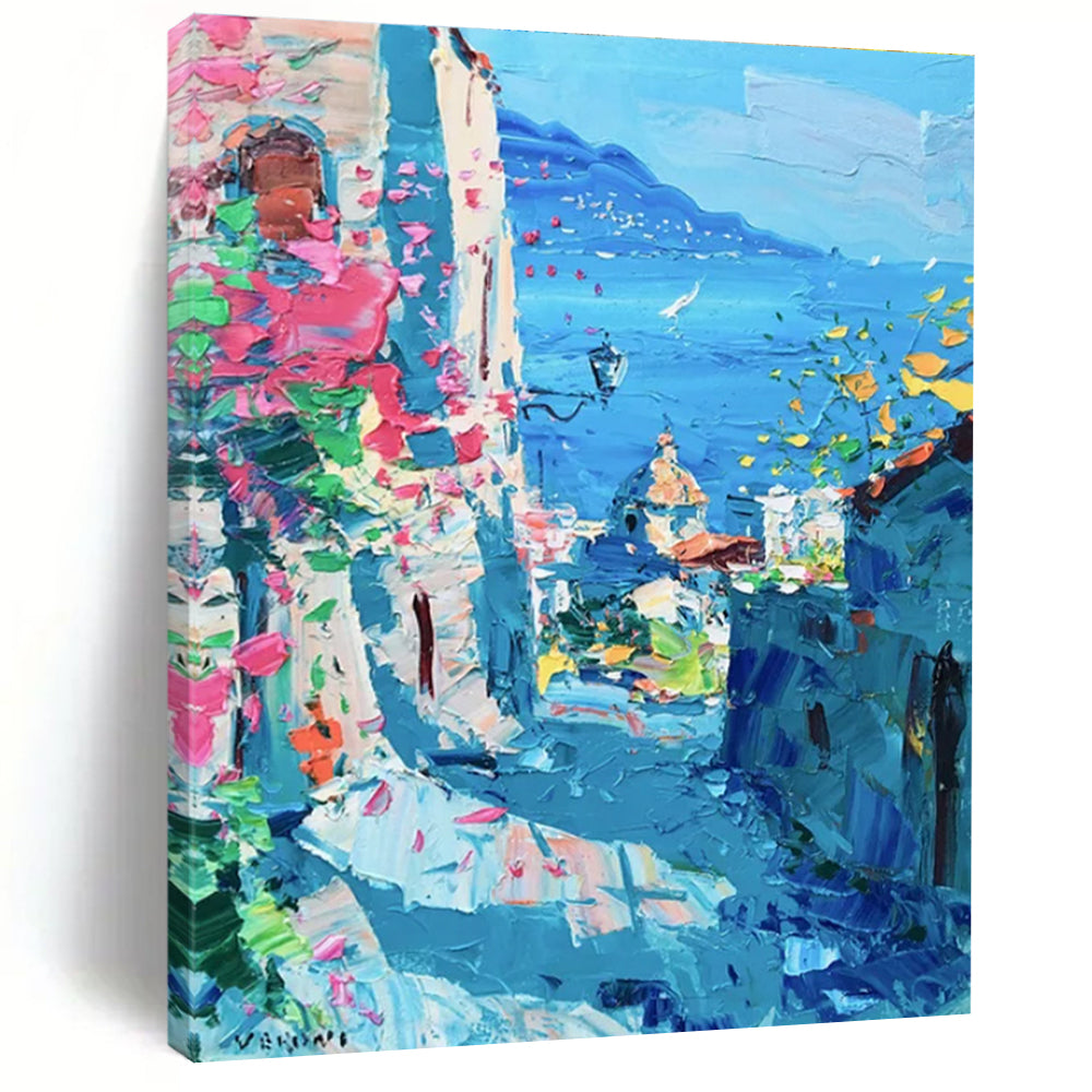 Coastal Town Abstract Painting with Blue and Pink Hues ADGE530