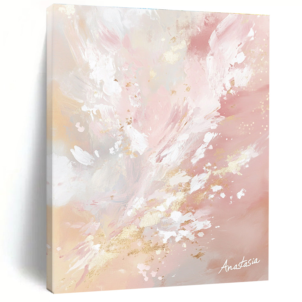 Large abstract painting in pastel pinks and whites with golden accents capturing nature's beauty and light in a serene atmosphere signed by Anastasia.STSC1201
