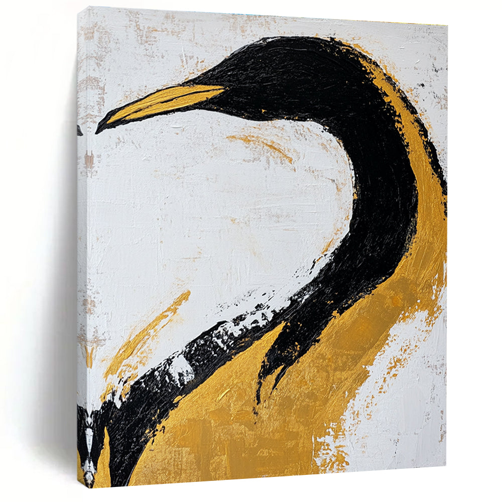 Large abstract art painting featuring a black and gold penguin on textured paper with gold leaf accents against a white background.STSC011
