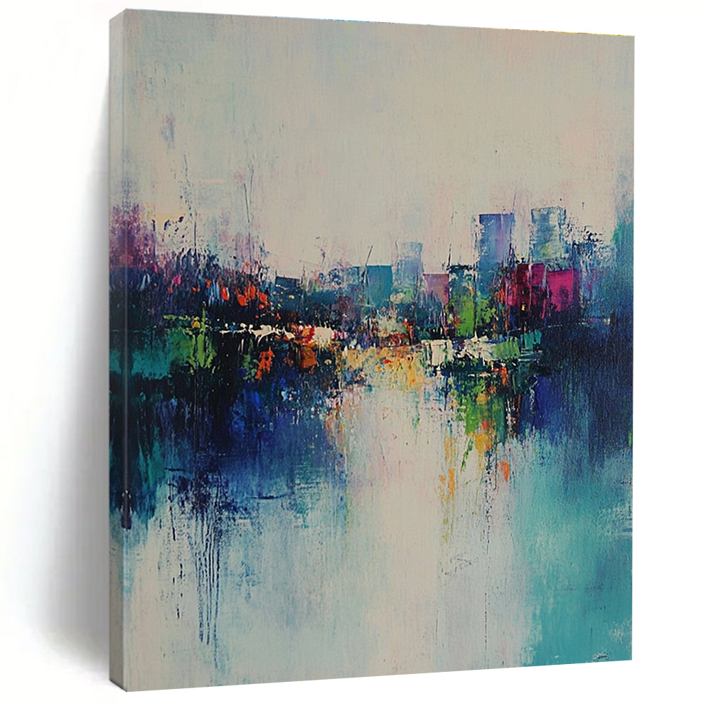 Large abstract painting featuring a serene misty landscape with green-blue hues and reflections of city lights in textured layers.STSC562