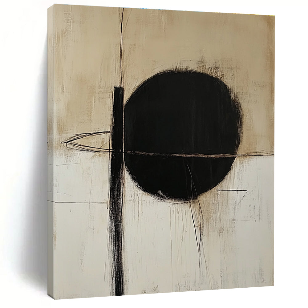 Black Circle and Lines Abstract Painting on Beige Background GER010