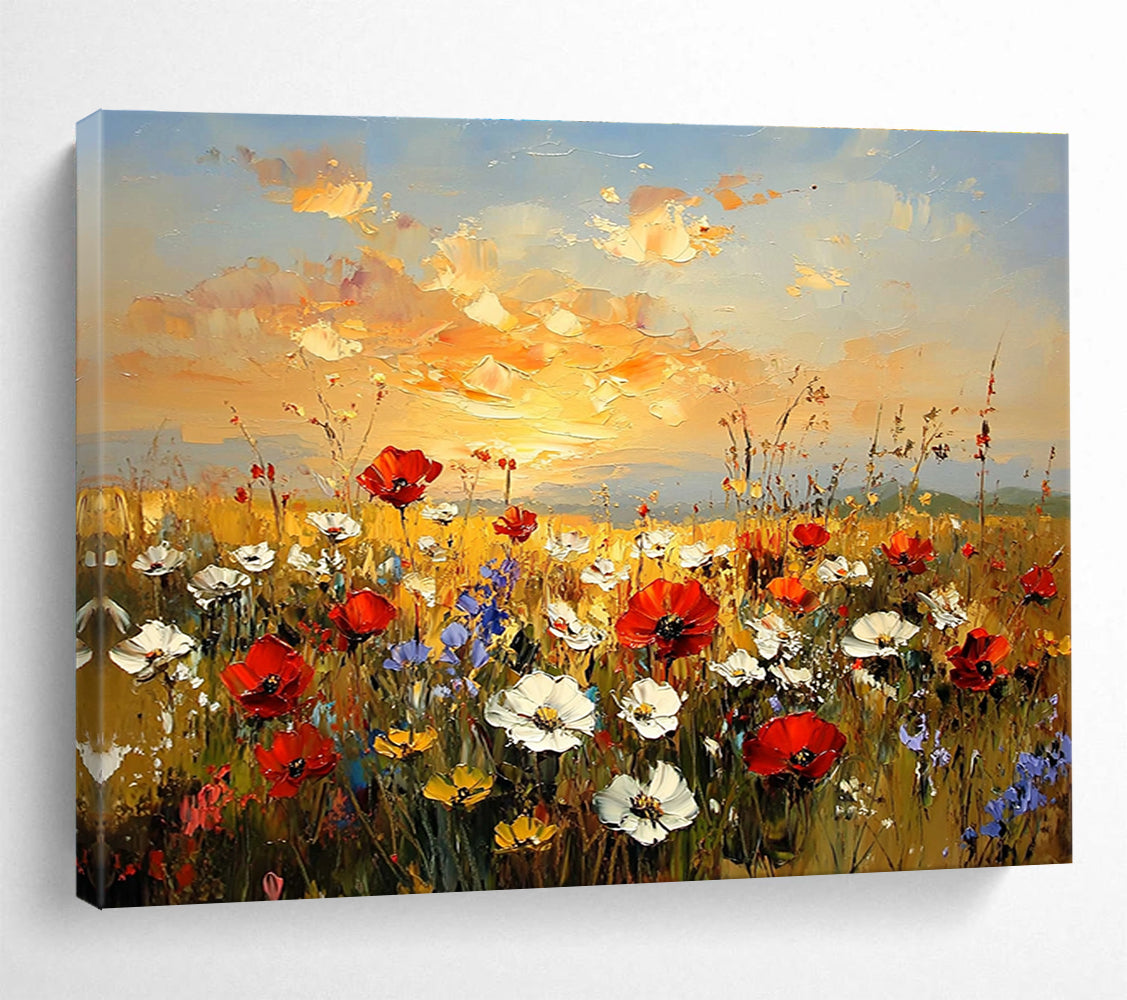 Large abstract painting of a wildflower field at sunset featuring red poppies white daisies and yellow sunflowers in vibrant hues of orange and blue.SC464