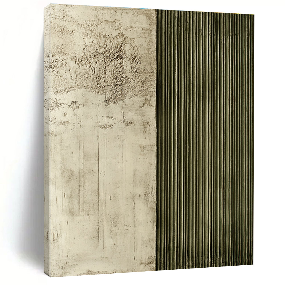 Large abstract painting featuring textured panels with soft concrete and greenish-grey rebar lines creating a striking contrast and depth.STSC542