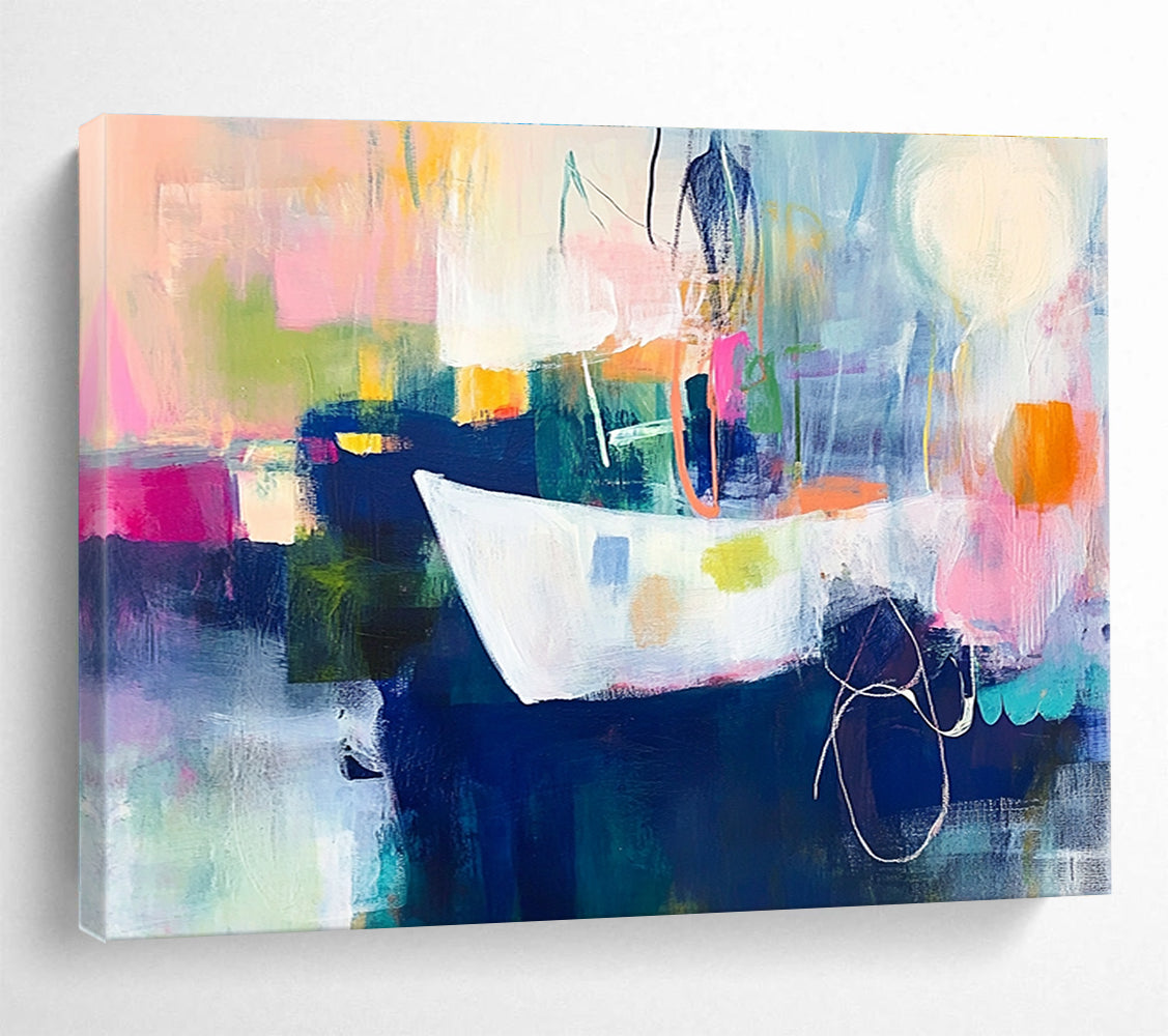 An abstract expressionist painting featuring vibrant colors and loose brushstrokes illustrating the journey of the first female sailor to England.SC306