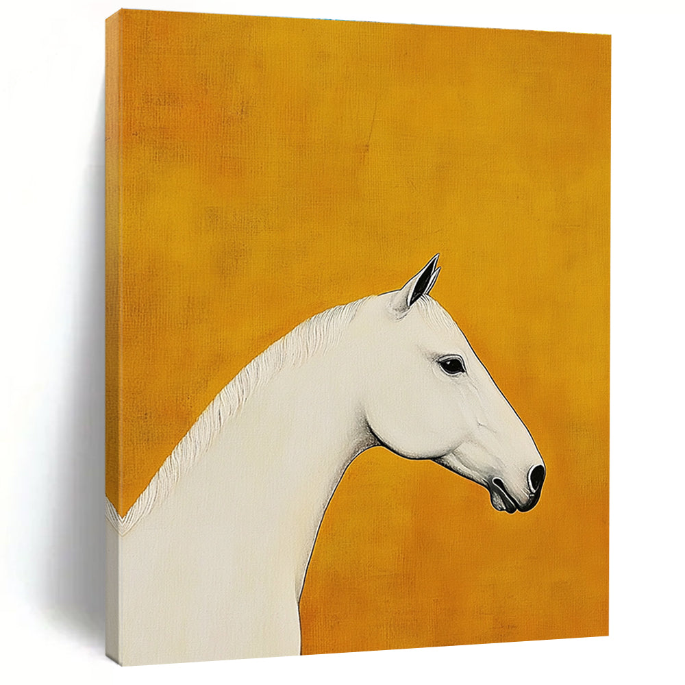 A large abstract painting featuring a white horse's head and neck profile on a mustard yellow background with soft lighting highlighting its silhouette.STSC1090