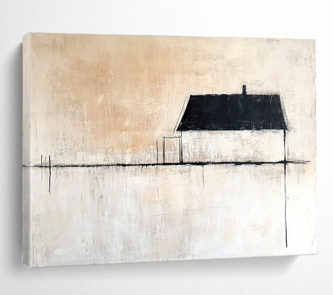 Large abstract painting featuring neutral tones with a single black line beside an old house and expansive white space. Minimalist style enhances tranquility.SC145