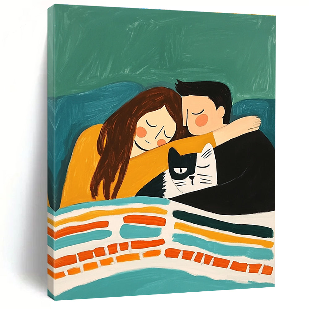 An abstract painting depicting a couple cuddling on a sofa with their cat under a colorful striped blanket against an emerald green background.STSC974