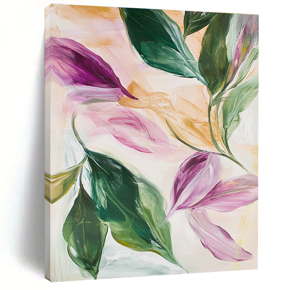 Abstract oil painting featuring leaves and flowers in pink green white beige and light gold with hints of purple and peach colors.STSC595