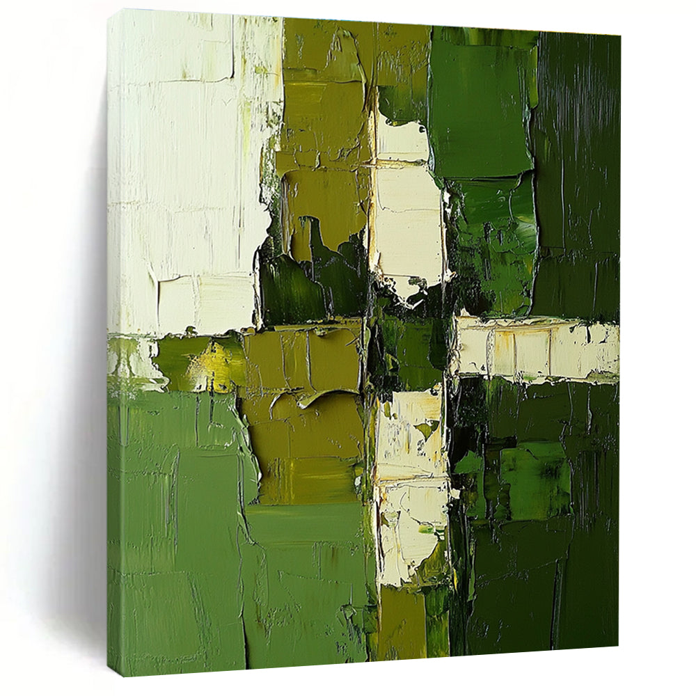 Green and White Abstract Painting with Patchwork Textures GER606