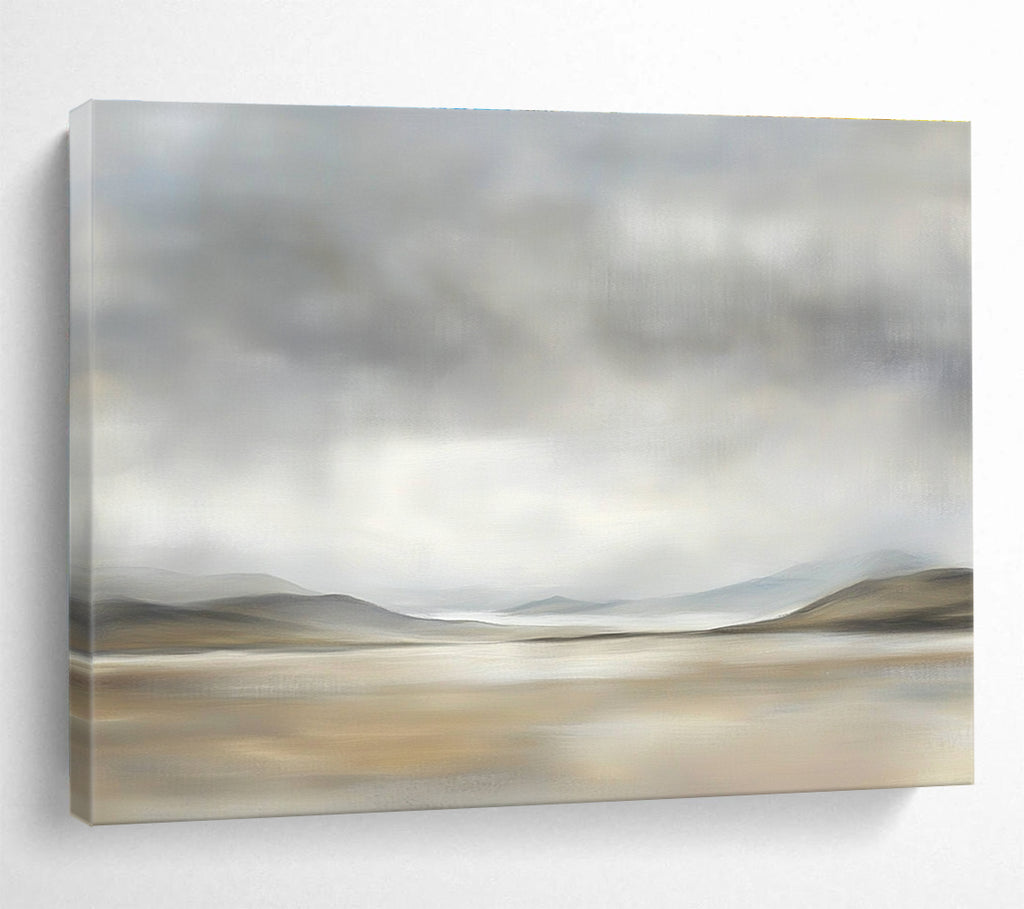 Large abstract painting depicting the Scottish Highlands with muted colors and soft brushstrokes, creating a serene and peaceful atmosphere.SC073