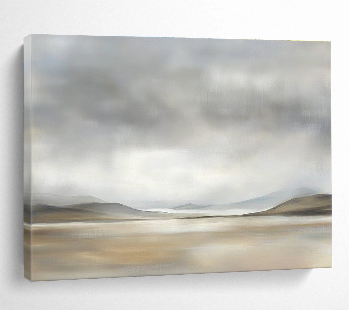 Large abstract painting depicting the Scottish Highlands with muted colors and soft brushstrokes, creating a serene and peaceful atmosphere.SC073